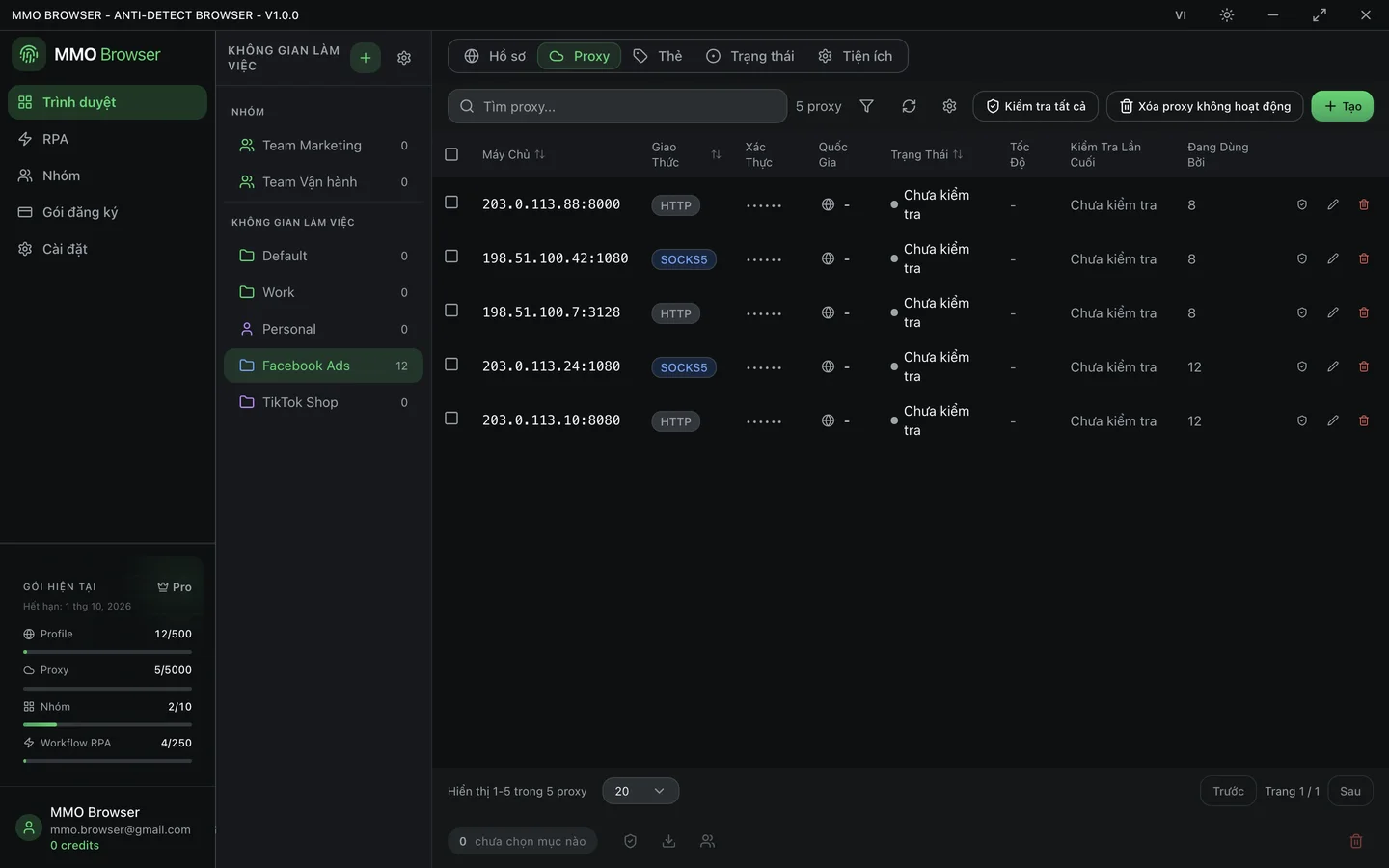 Giao diện MMO Browser: danh sách proxy trong không gian làm việc